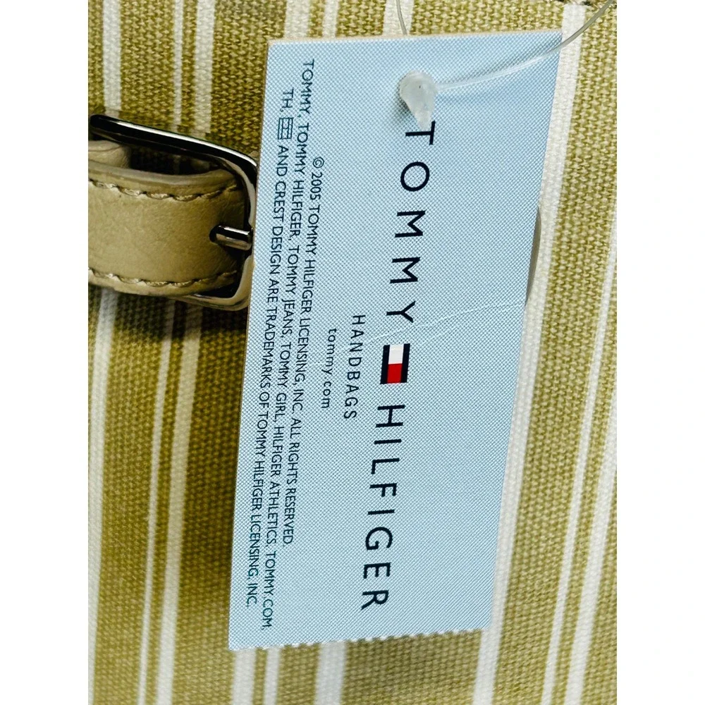 Tommy Hilfiger Khaki White Striped Bucket Bag Crossbody Tan Trim NEW
